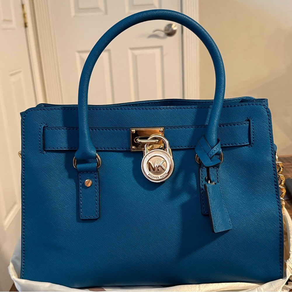 Michael Kors Hamilton Satchel Handbag Tote Teal Saffiano Leather
